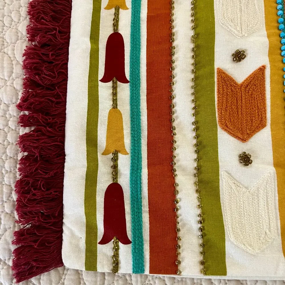 Southwestern Western Lumbar Pillow Cover 20x14 Embroidered Fringe Beaded Cotton